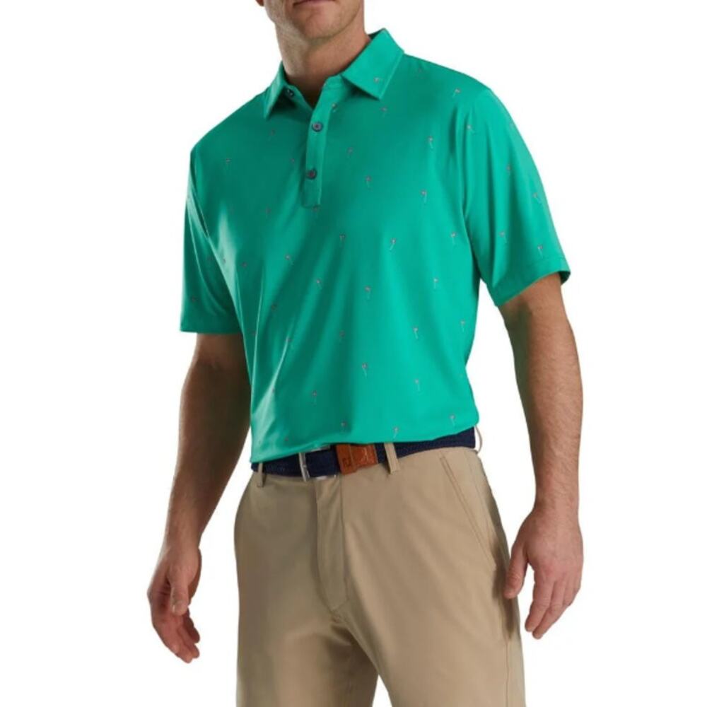 Footjoy‎ 18 Holes Print Lisle Self Colloar Polo Shirt Green Mens Size M Logo